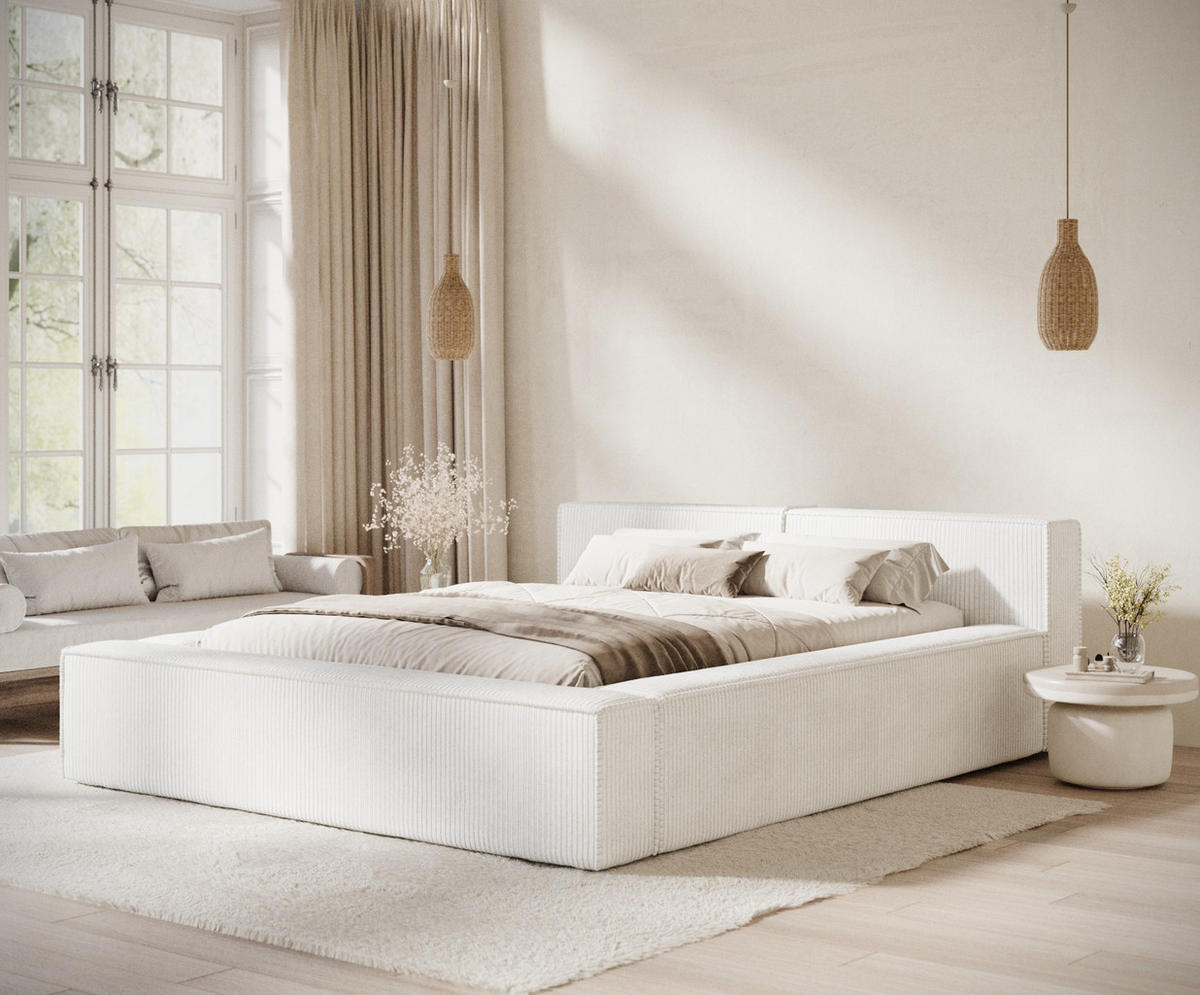 POLSTERBETT Voliera Creme 140/200 cm im Samtstoff - Birkefarben/Creme, Holz/Holzwerkstoff (140/200cm) - Maison de Reve