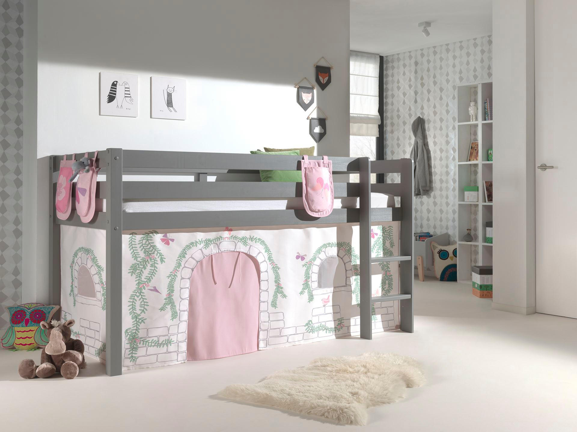 KINDERBETT Karolina 210x114x106 Massivholz Grau Textilset Burg 3 - Hellgrau/Grau, Holz (90/200cm) - 58aufmkessel