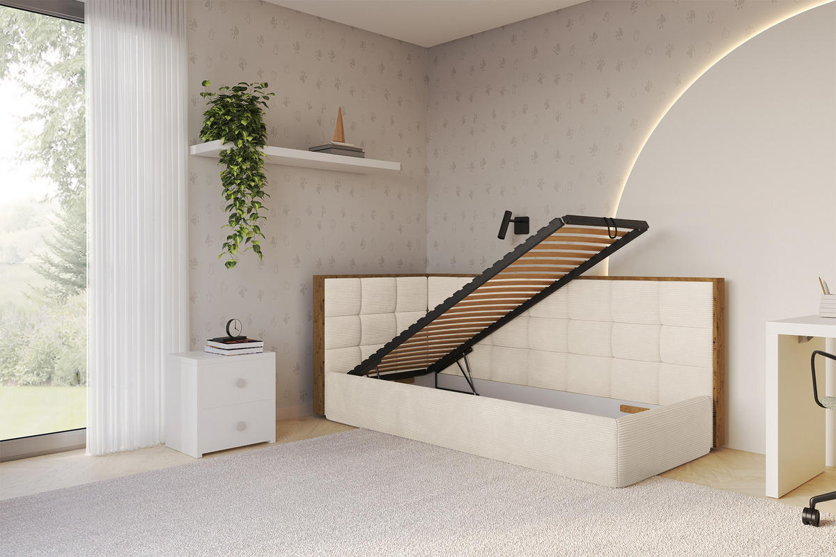 EINZELLBETT Jugendbett mit Bettkasten, Rechts - SOVY 100x200 Beige - Kaschmir, Holzwerkstoff/Textil (100/200cm) - ALTDECOR