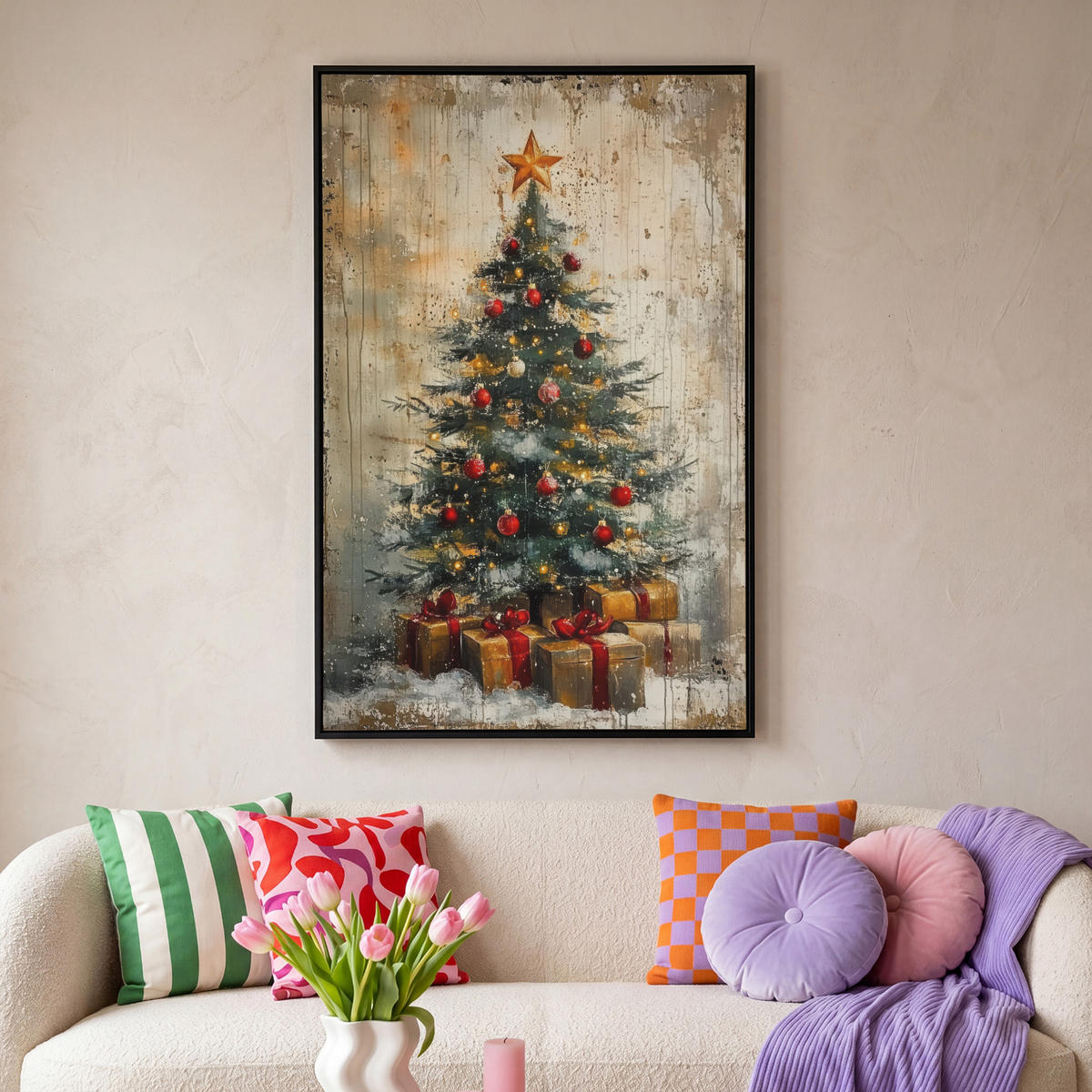 LEINWAND Bilder mit Rahmen - Weihnachtsbaum - Vintage - Weihnachten - Geschenk - 80x120 - Rostfarben, Textil (80/120cm) - MuchoWow
