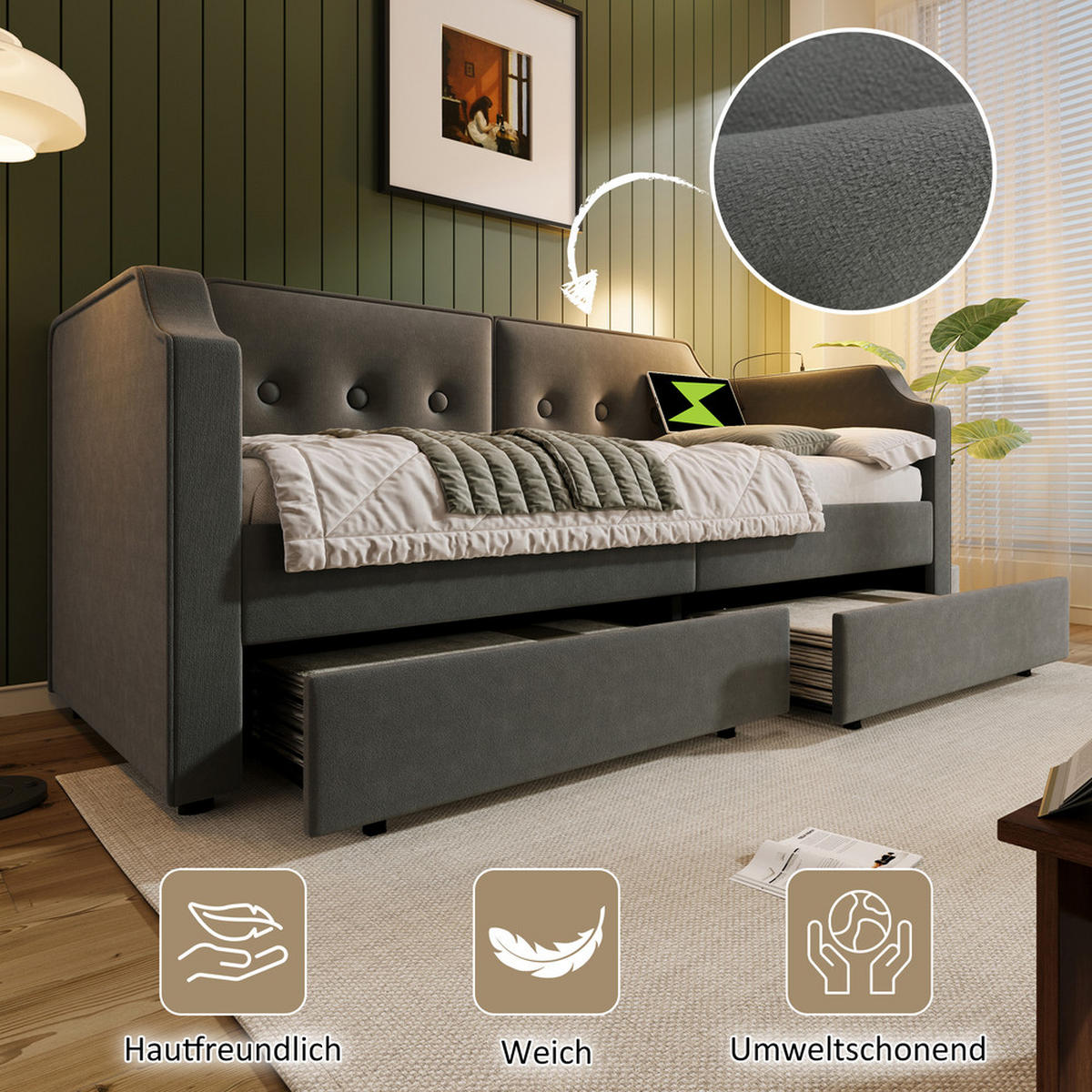 TAGESBETT 90x200cm Schlafsofa USB-C Leselicht 2 Schubladen Grau Samt - Grau, Holz - FLIEKS