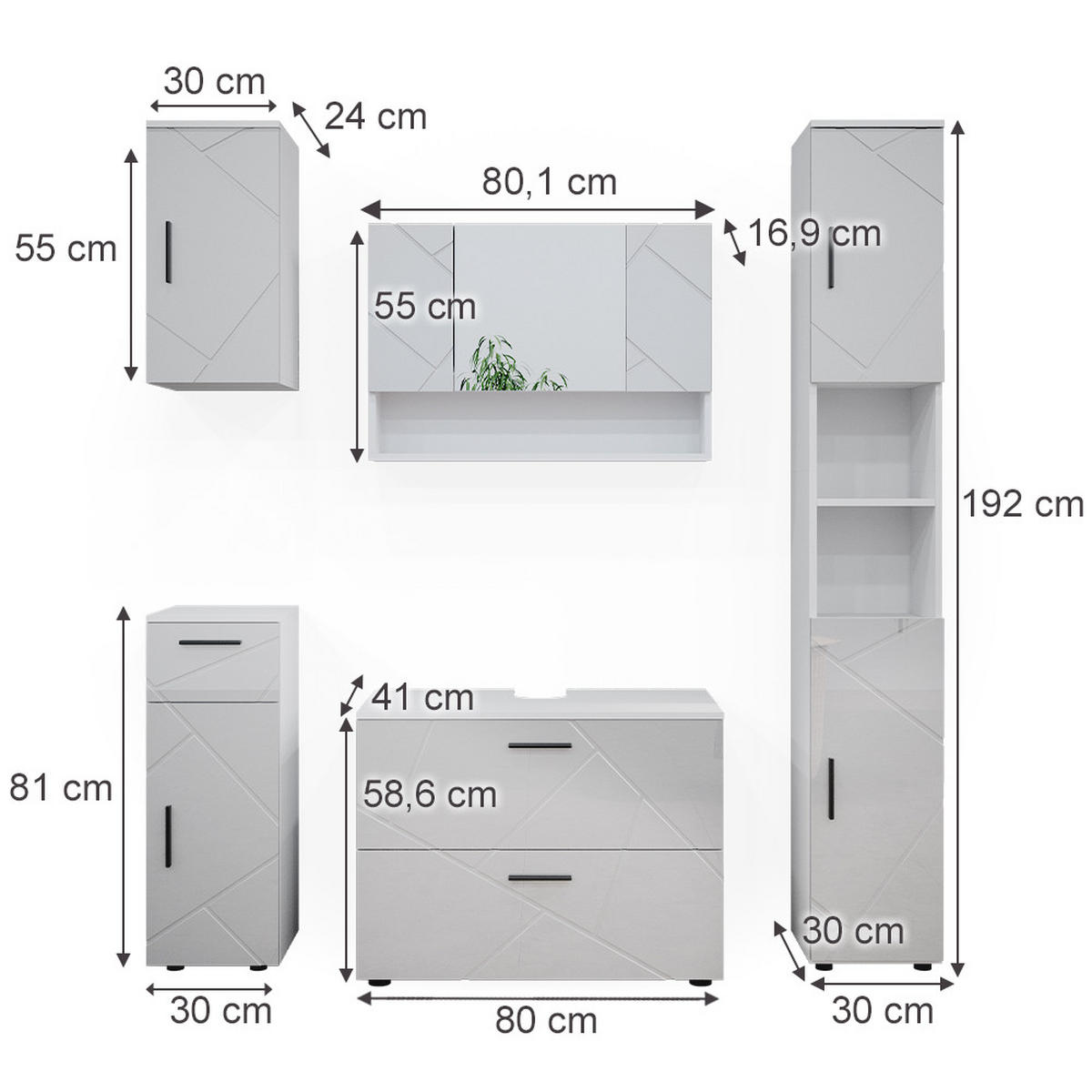 BADMÖBEL-SET Irma Weiß Hochglanz 5 Teile - Weiß Hochglanz/Weiß, Holzwerkstoff (80/58.6/41cm) - Vicco