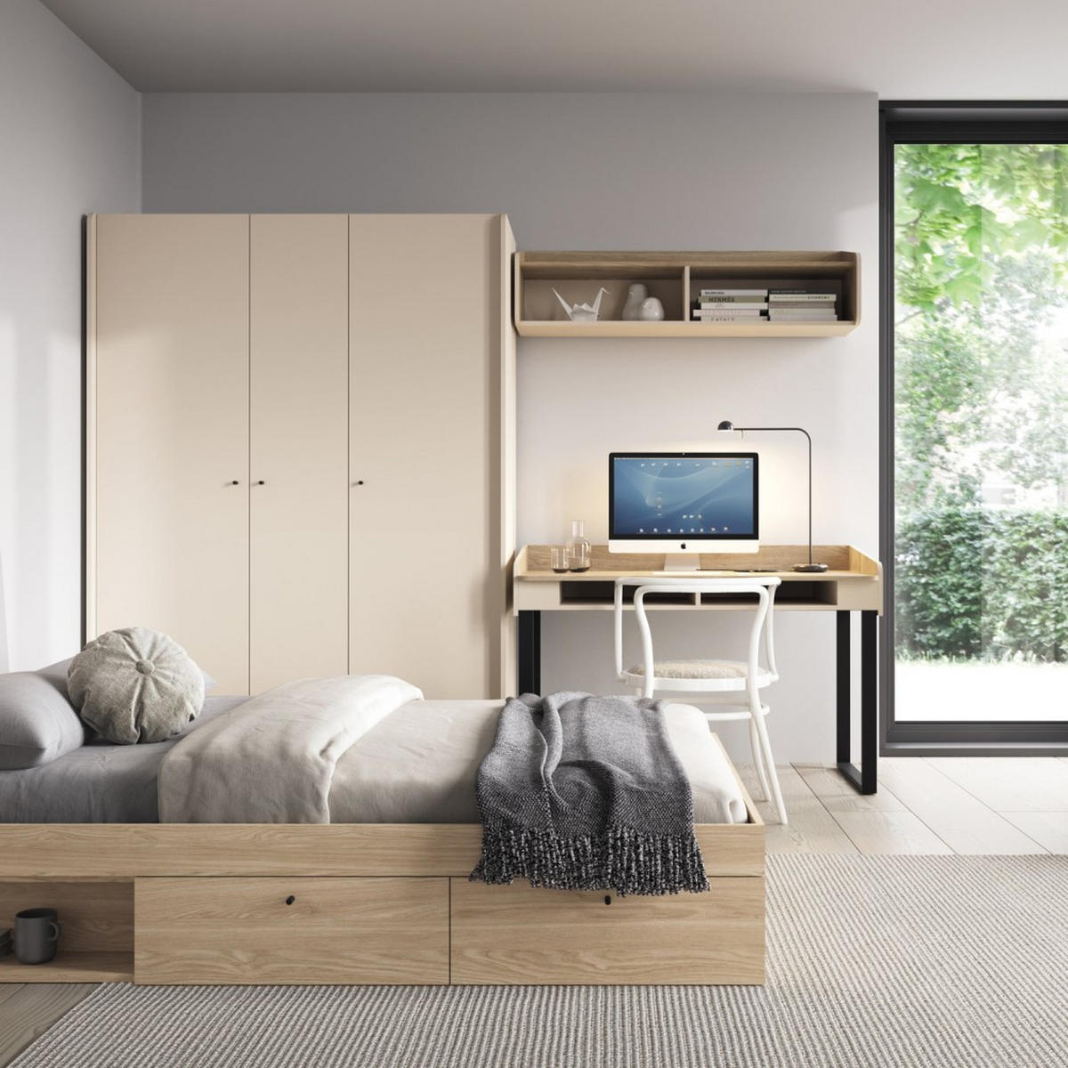DREHTÜRENSCHRANK Alex mit 3 Türen, Beige Sand - Beige/Schwarz, Holzwerkstoff (145/195/52cm) - Beautysofa
