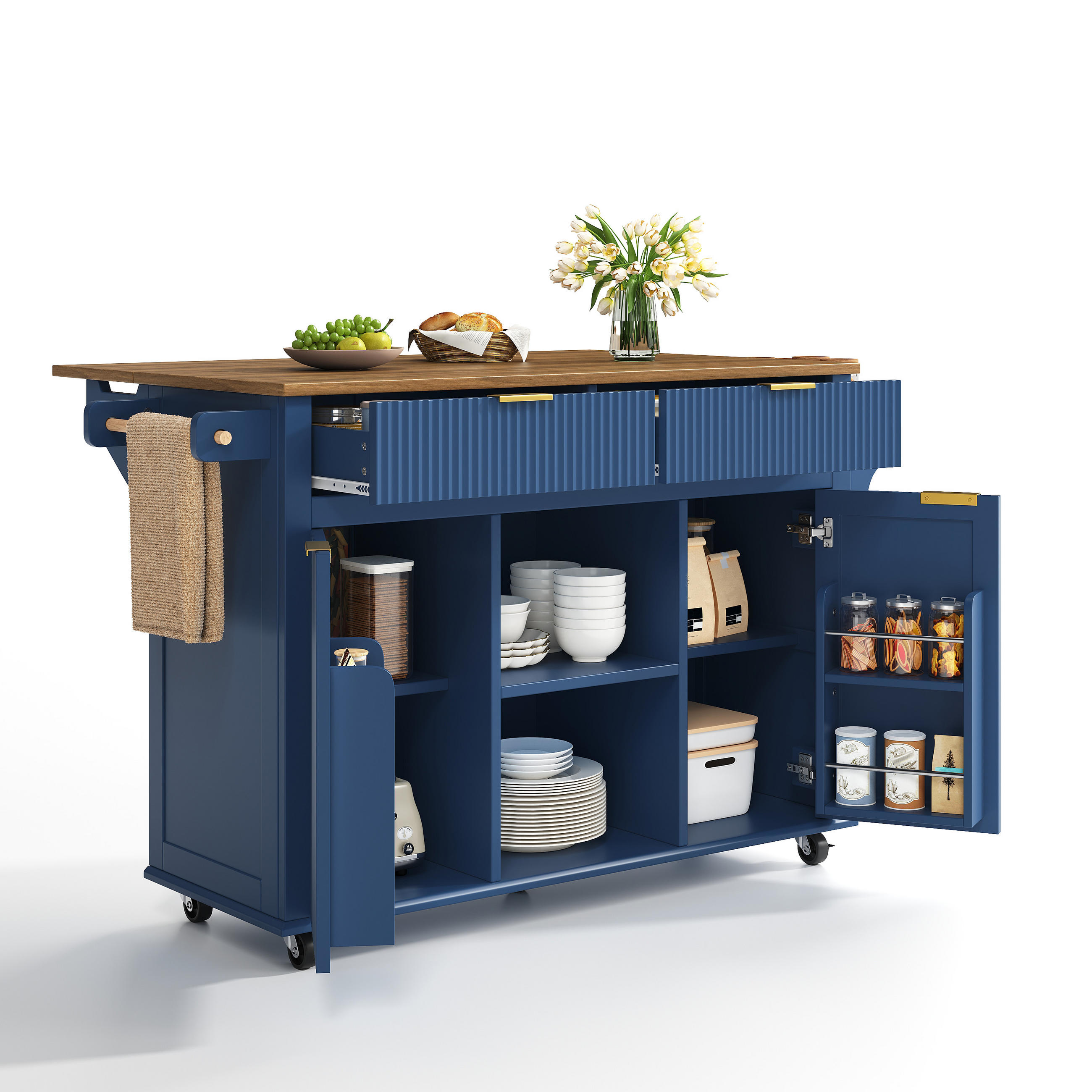 KÜCHENINSEL 89,5 cm MDF Blau Braun mit Klappbarer Arbeitsplatte und Gewürzregal - Dunkelblau, Holzwerkstoff (45/89.5/143cm) - Korfee