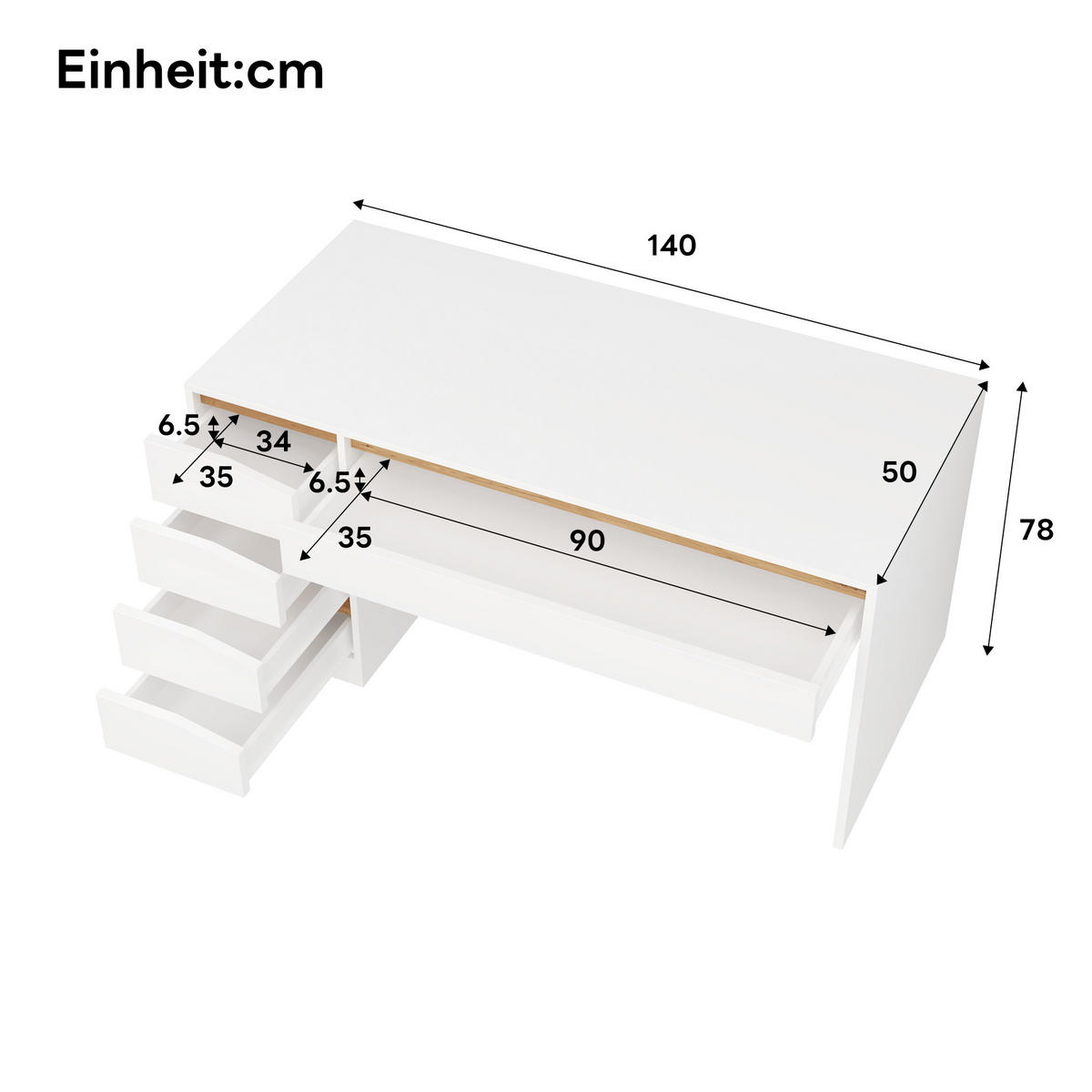 SCHREIBTISCH Weiß/Eichefarben 140/50/78 cm mit 5 Schubladen und großer Arbeitsfläche - Weiß, Holzwerkstoff (50/140/78cm) - PANGIVO