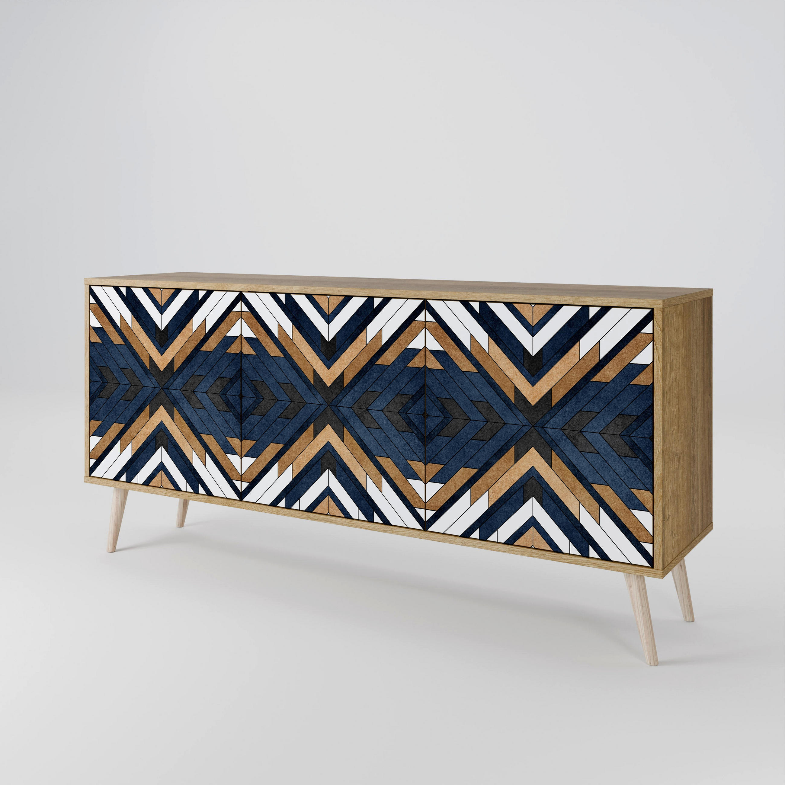 SIDEBOARD ARTFUL GEOMETRY, Eicheneffekt, 164,5x42x77,5 cm, 3 Türen - Eichefarben/Buchefarben, Holzwerkstoff/Buchenholz (164.5/77.5/42cm) - SpaceRebels
