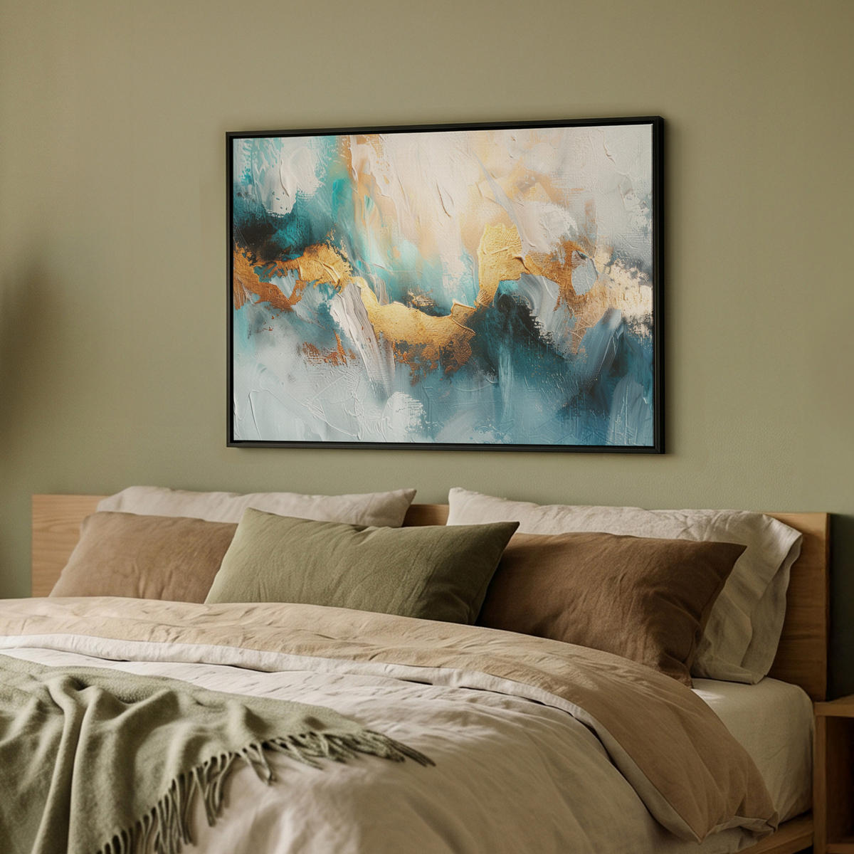 LEINWAND Bilder mit Rahmen - Abstrakt - Kunst - Gold - Blau - 70x50 - Petrol, Textil (70/50cm) - MuchoWow