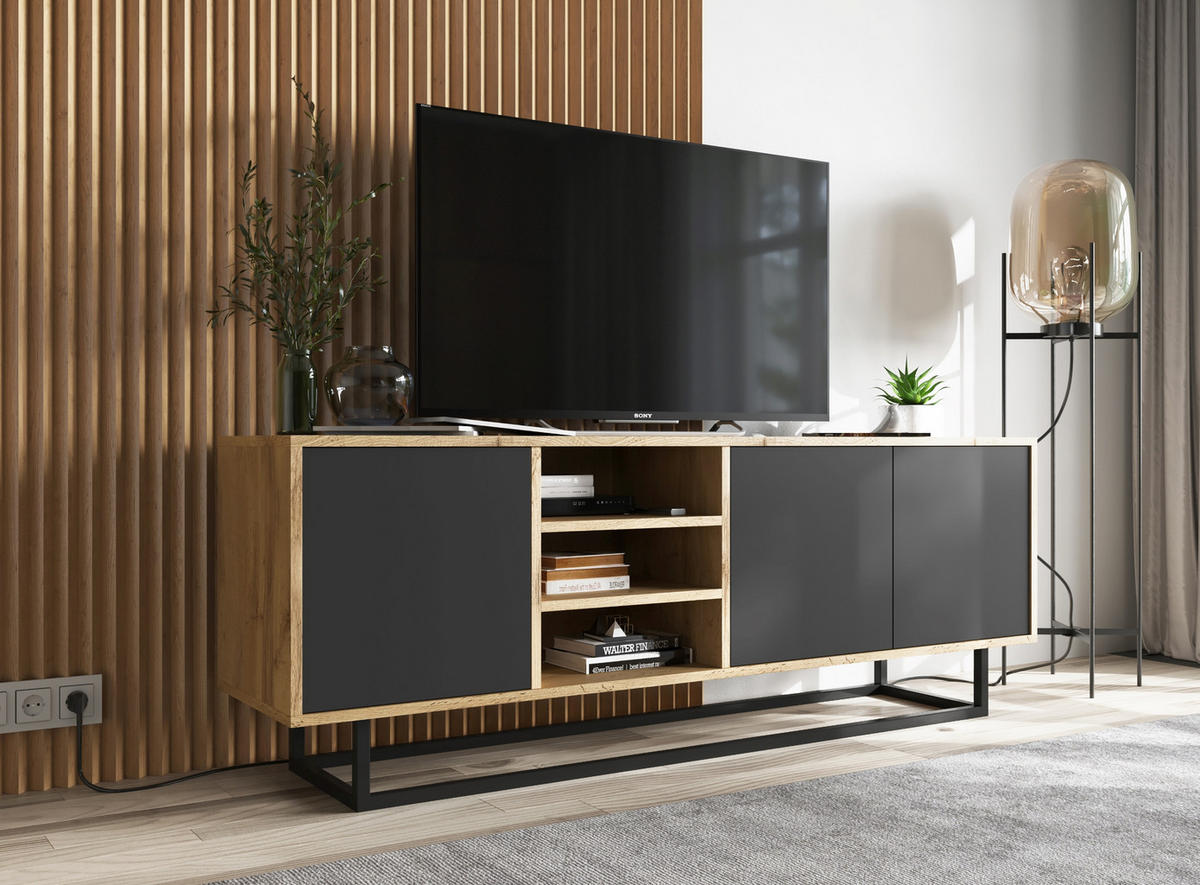 TV-LOWBOARD Apollo Eiche wotan Schwarz Matt 150/53/35 cm - Schwarz, Holzwerkstoff/Metall (150/53/35cm) - Meble Lindner