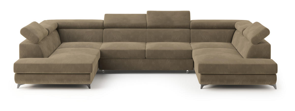 WOHNLANDSCHAFT VINTESSA Beige Velours-Stoff mit Schlaffunktion - Beige, Holz (323/89/190cm) - MASSENO