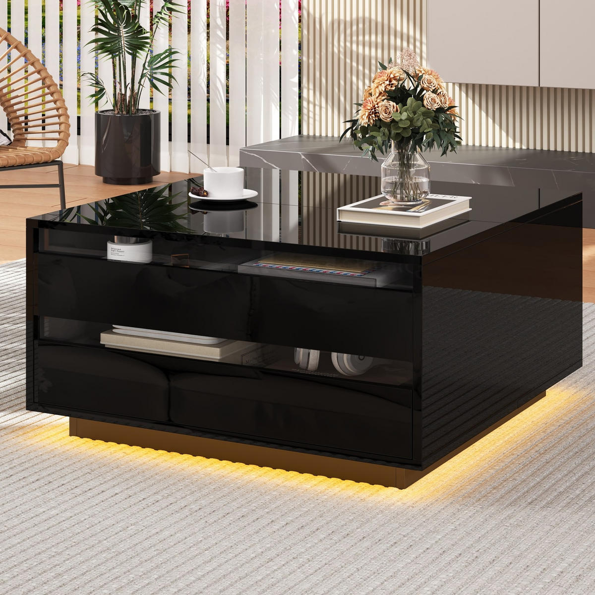 COUCHTISCH 70/70/38 cm schwarz aus Spanplatte mit LED-Lichtstreifen und Stauraum - Schwarz, Holzwerkstoff (70/70/38cm) - OKMYHOME