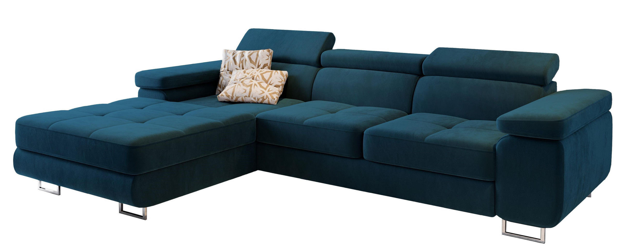 ECKSOFA ELMA L-S Blau Velours-Stoff mit Schlaffunktion - Blau, Holz (280/205cm) - MASSENO