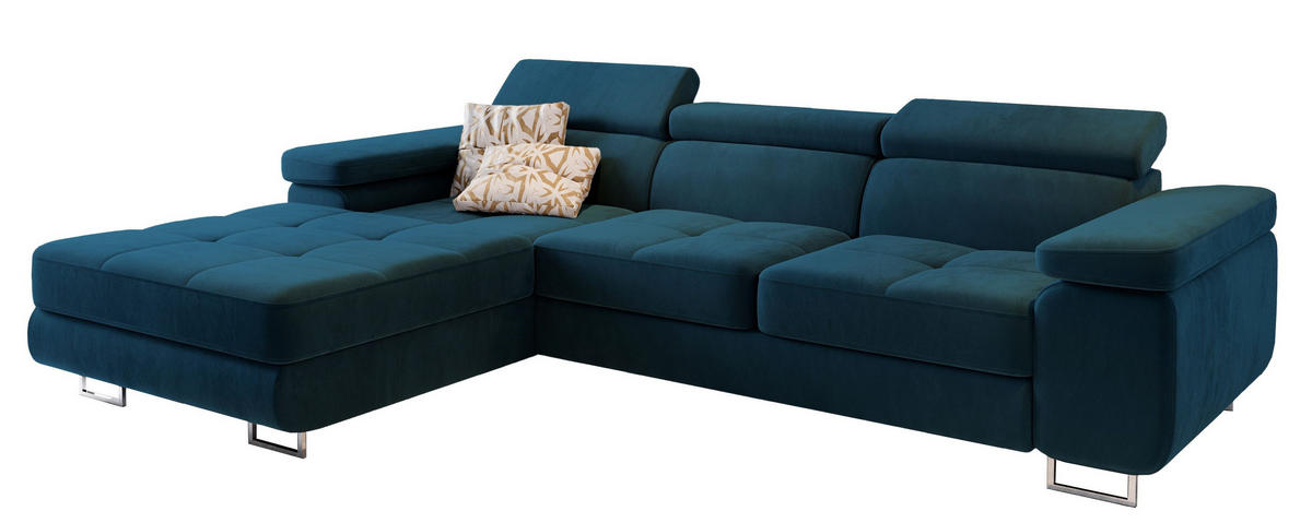 ECKSOFA ELMA L-S Blau Velours-Stoff mit Schlaffunktion - Blau, Holz (280/205cm) - MASSENO