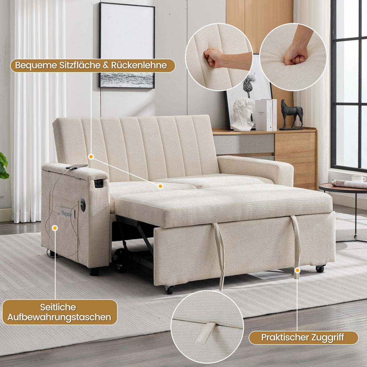 SCHLAFSOFA 140/84.5/84 cm Beige mit Klapptablett, USB & Type-C Ladeanschluss, Seitentaschen und Rollen - Beige, Textil (140/84/84.5cm) - Oxeza