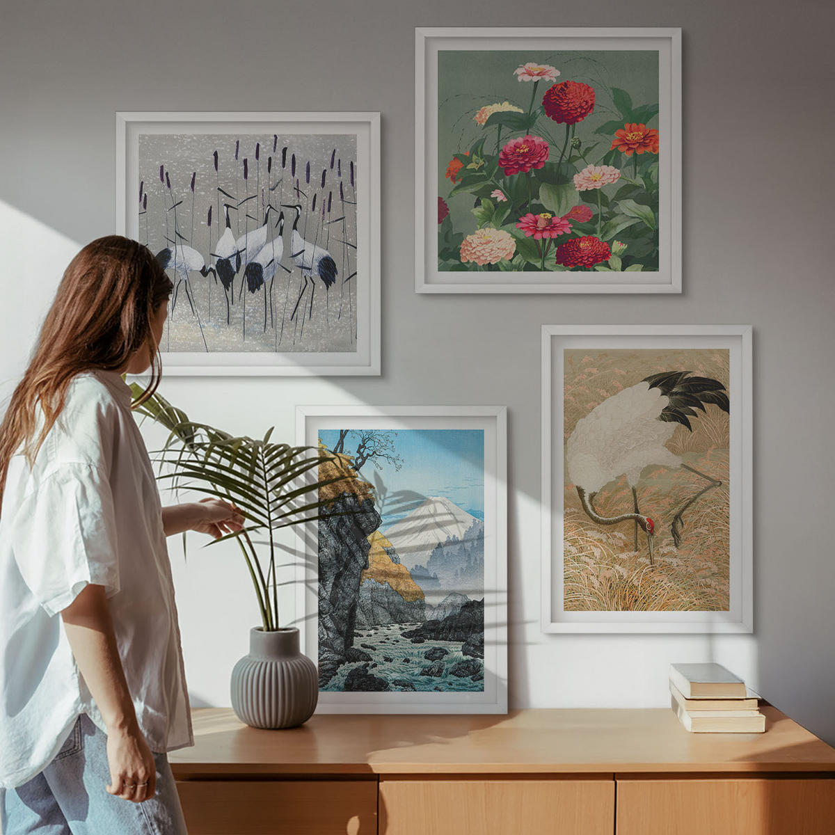 WANDBILDER 4er-Set - 50x50 cm & 40x60 cm Weißer Rahmen - Berge, Fluss, Blumen, Kraniche - Weiß, Kunststoff (50/50cm) - ArtPrintCave