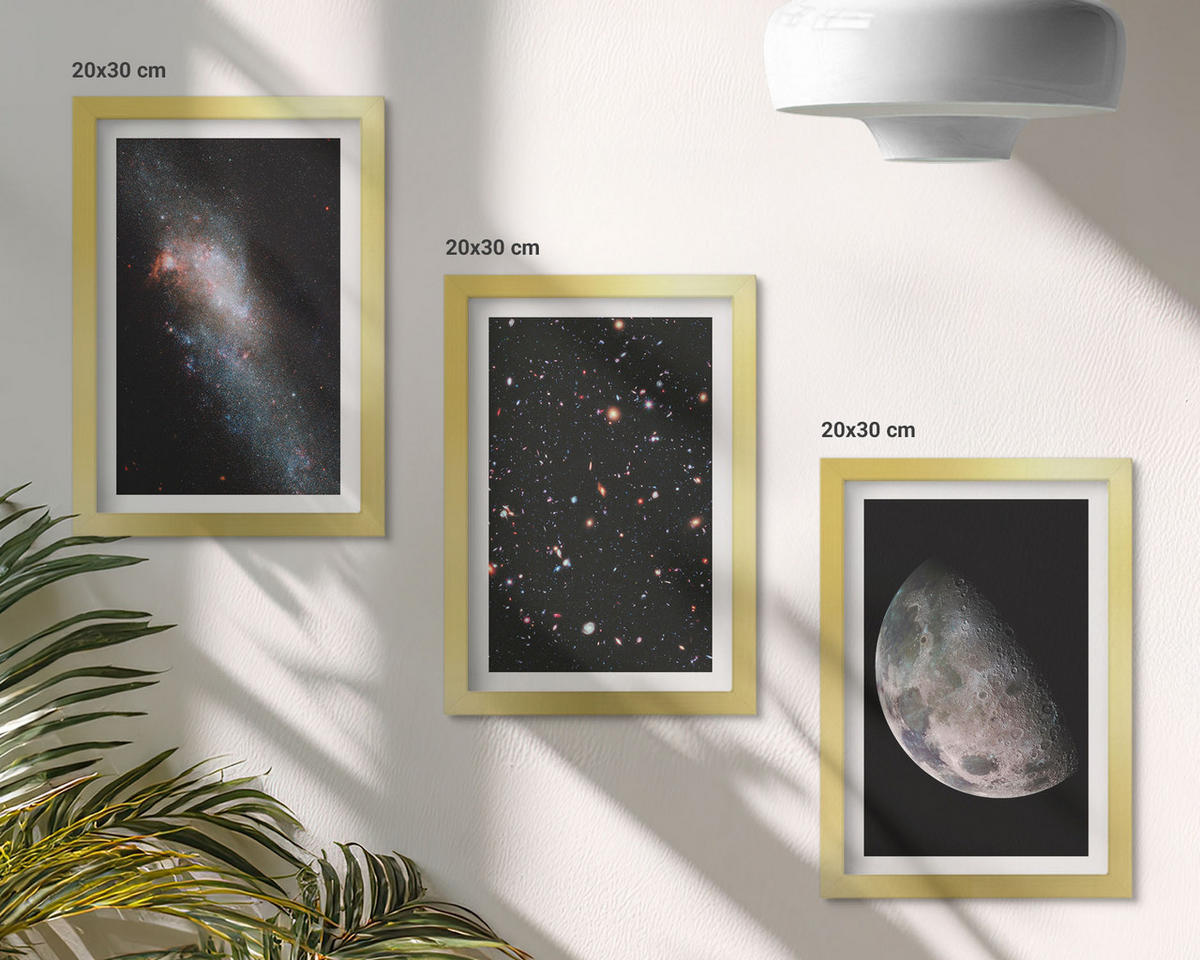 WANDBILDER 3er Set - 20x30 cm Goldrahmen - Weltraum Galaxien Sterne Mond - Goldfarben, Kunststoff (20/30cm) - ArtPrintCave