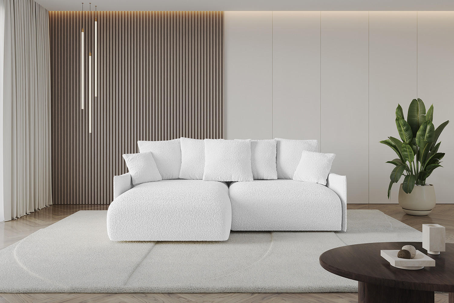ECKSOFA mit Schlaffunktion und Bettkasten ONESK-L -v1 208x165x40 Weiß Bouclé - Weiß, Holzwerkstoff/Kunststoff (208/165cm) - ALTDECOR