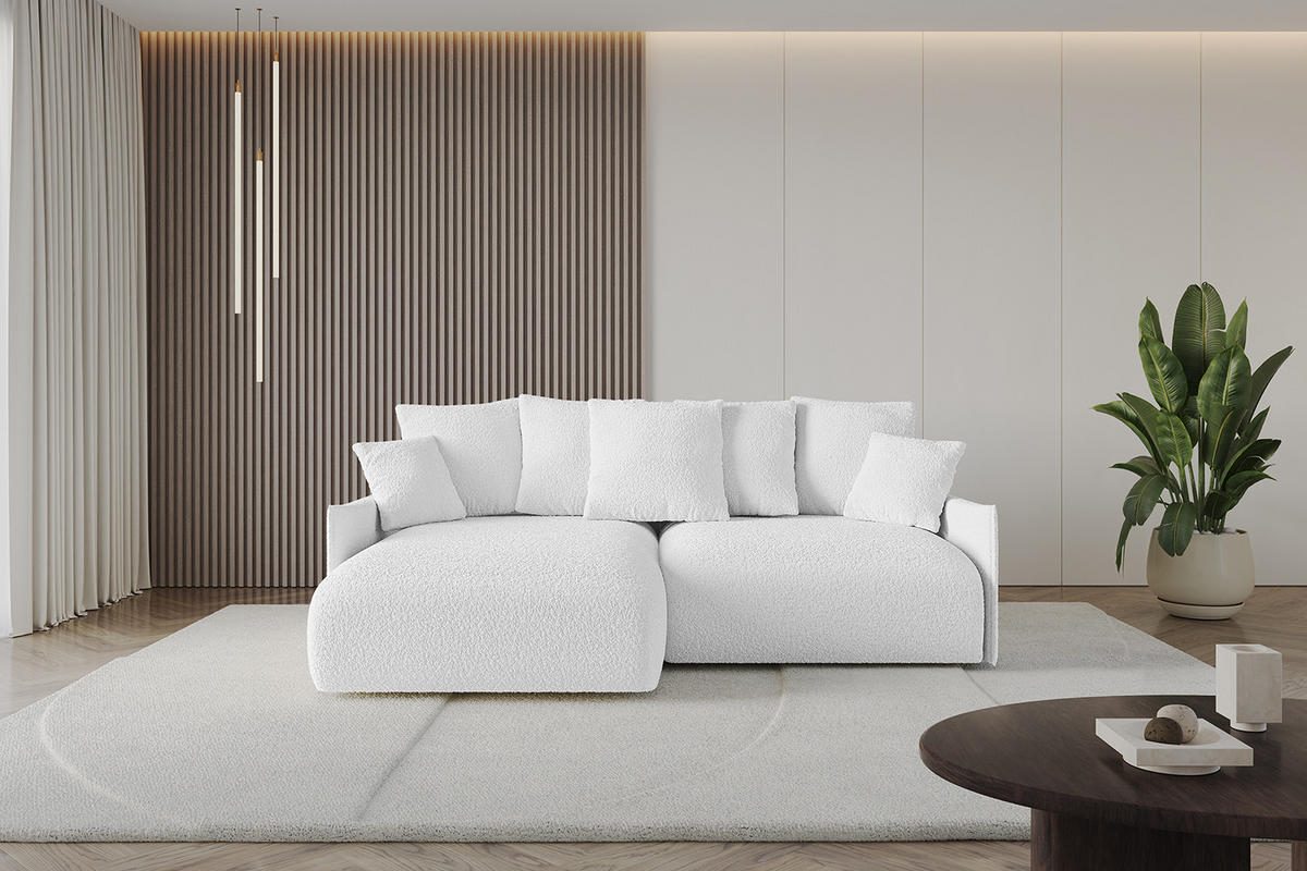 ECKSOFA mit Schlaffunktion und Bettkasten ONESK-L -v1 208x165x40 Weiß Bouclé - Weiß, Holzwerkstoff/Kunststoff (208/165cm) - ALTDECOR
