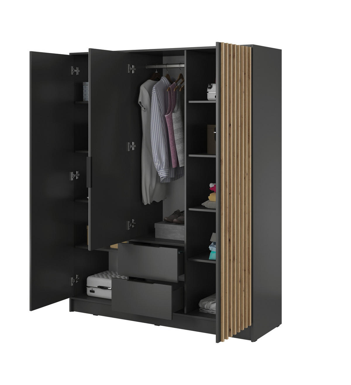 KLEIDERSCHRANK 150 cm Fioro - 3 Türen, Lamellen, Schubladen, Graphit - Graphitfarben, Holz (155/200/51cm) - Emporius
