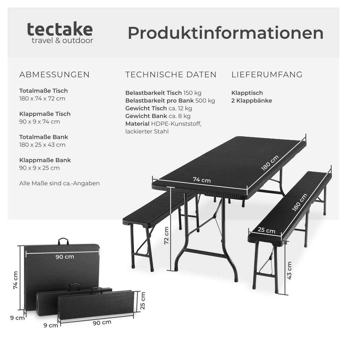 CAMPINGTISCHGARNITUR Vani,mit Tragegriffen,schwarz-Rattanoptik - Schwarz, Kunststoff (180/74/72cm) - tectake