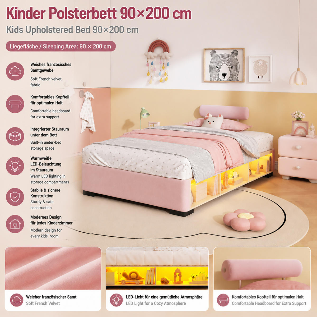 KINDER-POLSTERBETT 90x200 cm in Rosa mit LED-Seitenregal und offenem Stauraum - Pink, Textil (90/200cm) - IVMEU