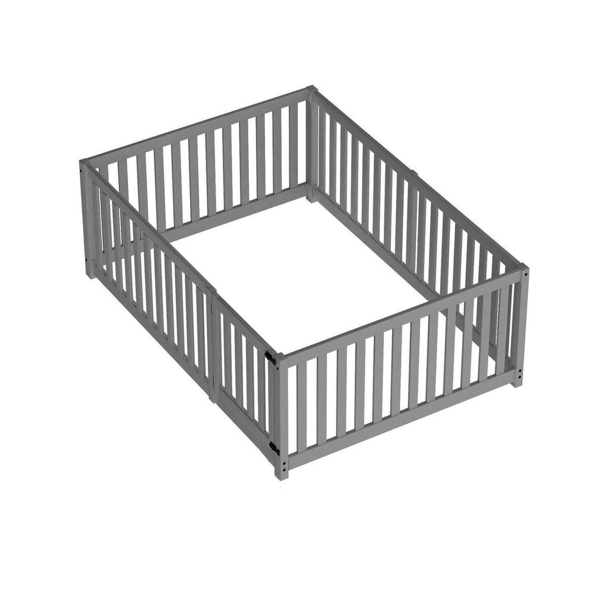 BETT 140/200 cm aus Massivholz Grau – Bodenbett mit Zaun und Tür - Grau, Holz (140/200cm) - BEAOK