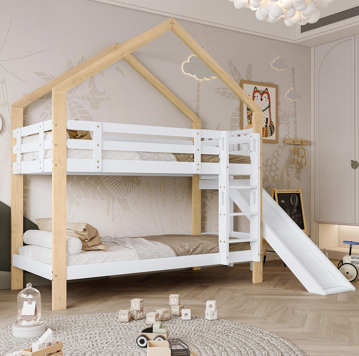 ETAGENBETT aus Kiefer und MDF 90x200 cm Weiß/Natur mit Rutsche und Hausdesign - Weiß, Holzwerkstoff (90/200cm) - IVMEU