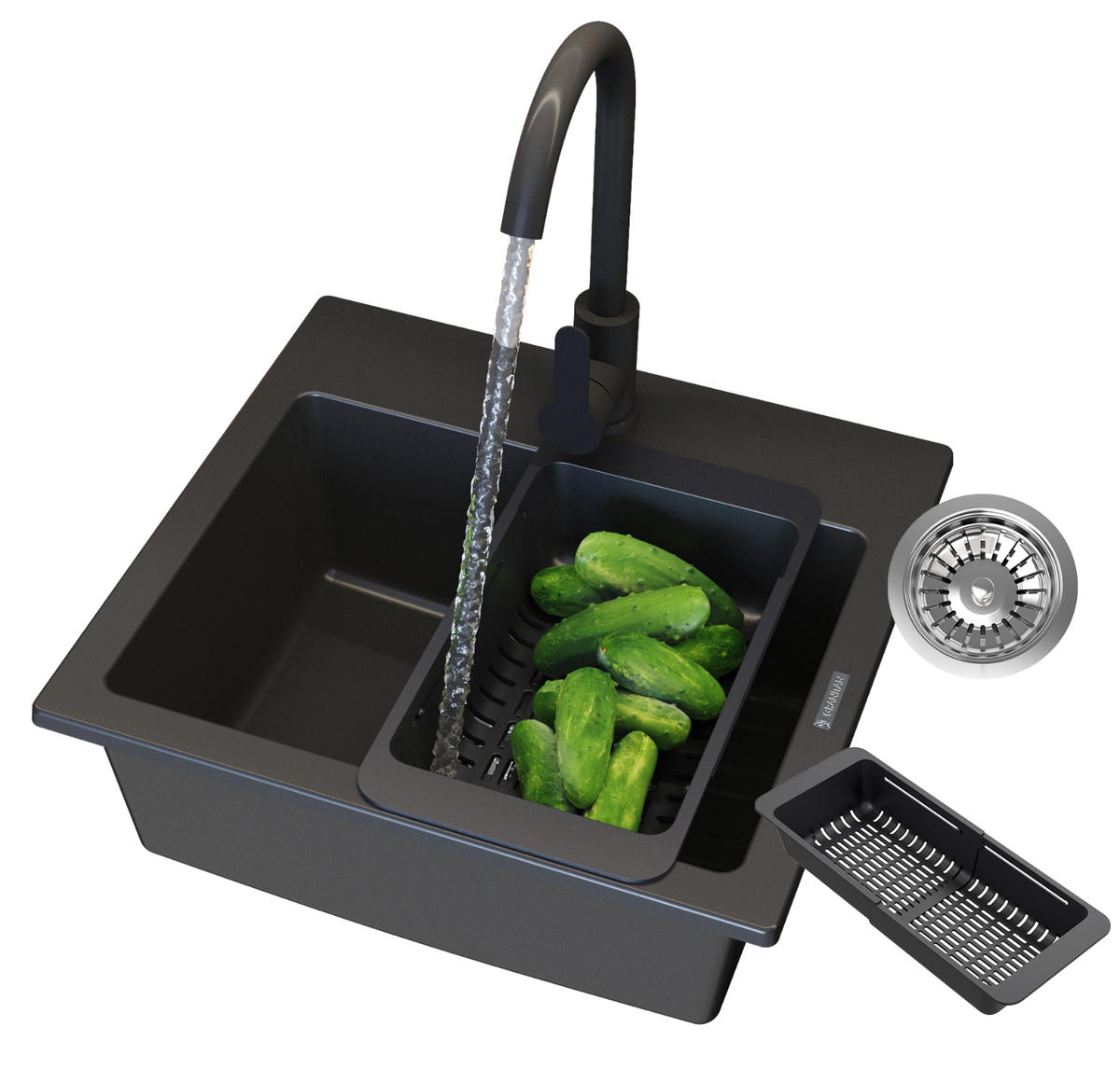GRANITSPÜLE Teor mit Batterie Siphon - Schwarz, Kunststoff/Stein (42/17/46cm) - Granitan
