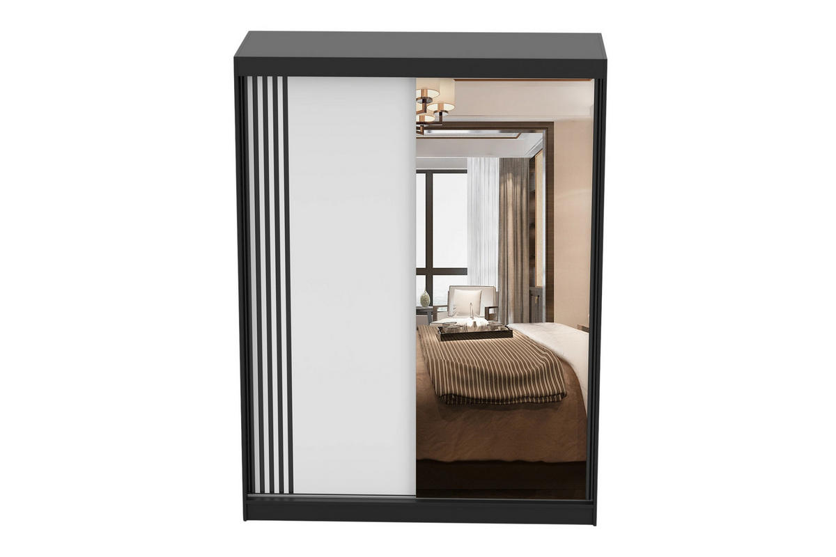 SCHWEBETÜRENSCHRANK VELMA 07 150/200 in Schwarz/Weiß mit Spiegel und LED - Schwarz/Weiß, Holzwerkstoff (150/61/200cm) - Deine Möbel 24