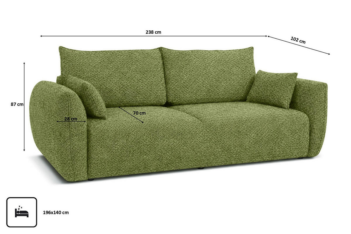SOFA Mit Schlaffunktion Und Bettkasten, Chenille-Stoff Artico, Moss, Zephira - Grün, Holz (238/87/102cm) - Kaiser Möbel
