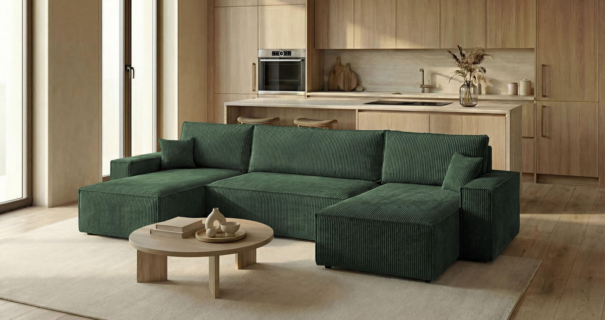SEDACÍ souprava CALIFORNIA MINI tvar U zelená manšestr Poso 14 - funkce spaní, úložný prostor - zelená barva, textil (312/85/142cm) - Cornero