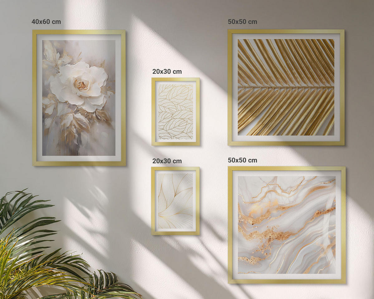 BILDER SET 5er Set - 50x50 cm & 20x30 cm & 40x60 cm Goldrahmen - Abstrakte Katzenmalereien - Goldfarben, Kunststoff (40/60cm) - TULUP