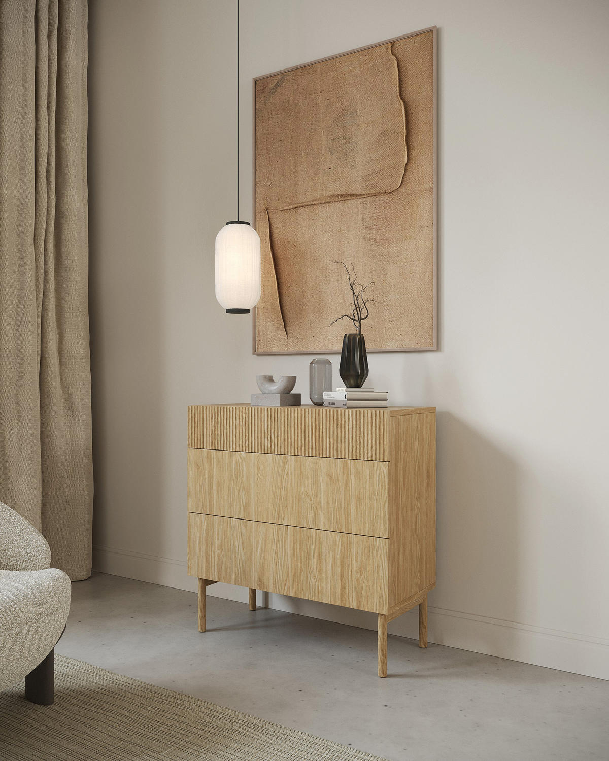 KOMODA Nolie dekor duba s 3 zásuvkami 90 cm - farba duba, drevo/kompozitné drevo (90/90.6/38cm) - Selsey