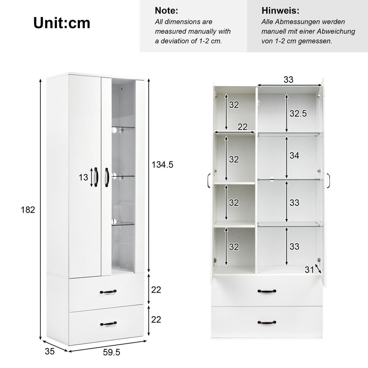 HIGHBOARD 59,5/35/182 cm in Weiß mit LED-Beleuchtung und Stauraum - Weiß, Holzwerkstoff (59.5/182/35cm) - Flora Grace