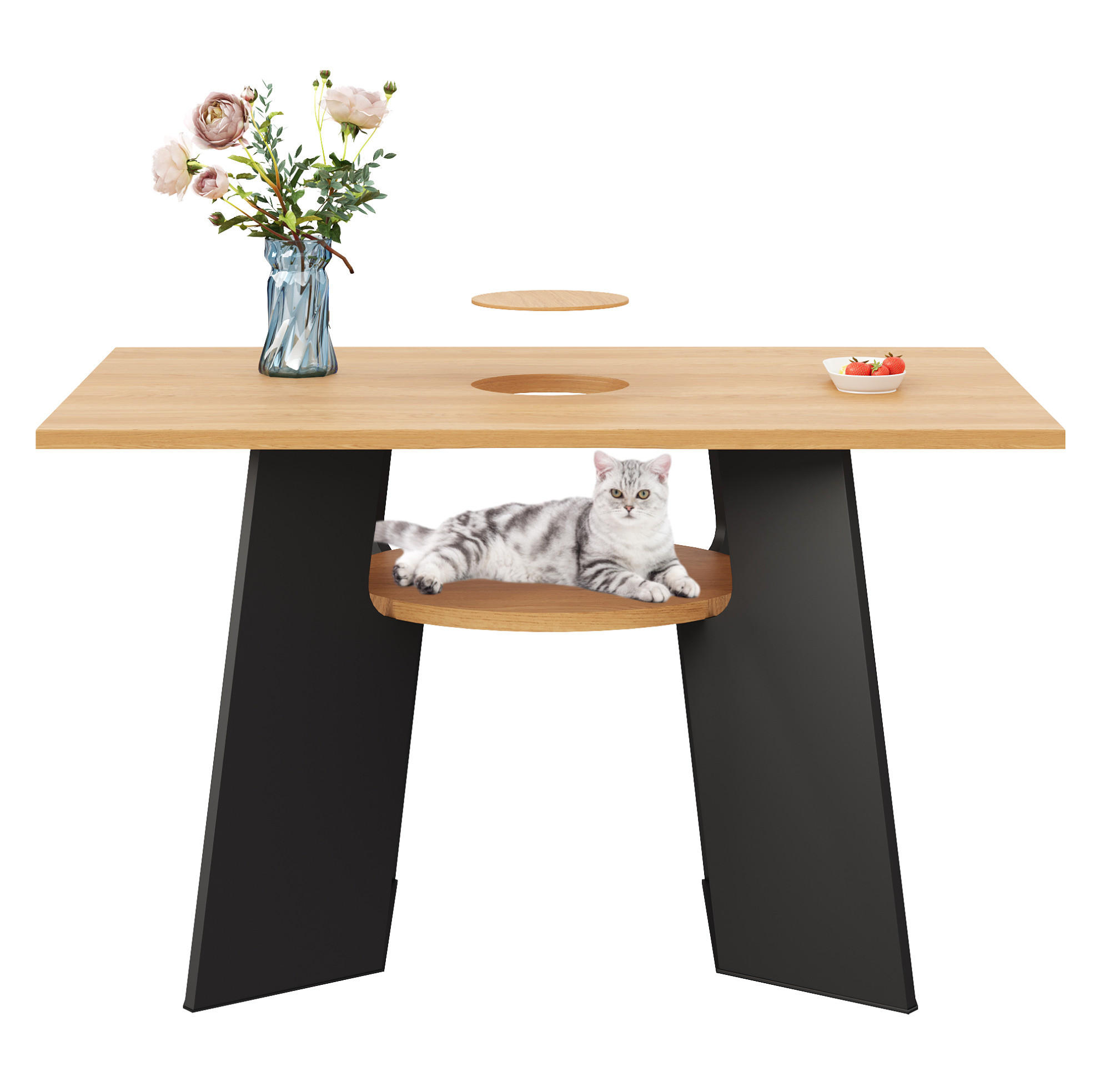 ESSTISCH aus MDF 130x85x75 cm Schwarz/Natur mit Katzenöffnung, Abdeckplatte und unterer Ablage - Schwarz, Holzwerkstoff (130/85/75cm) - Modfu