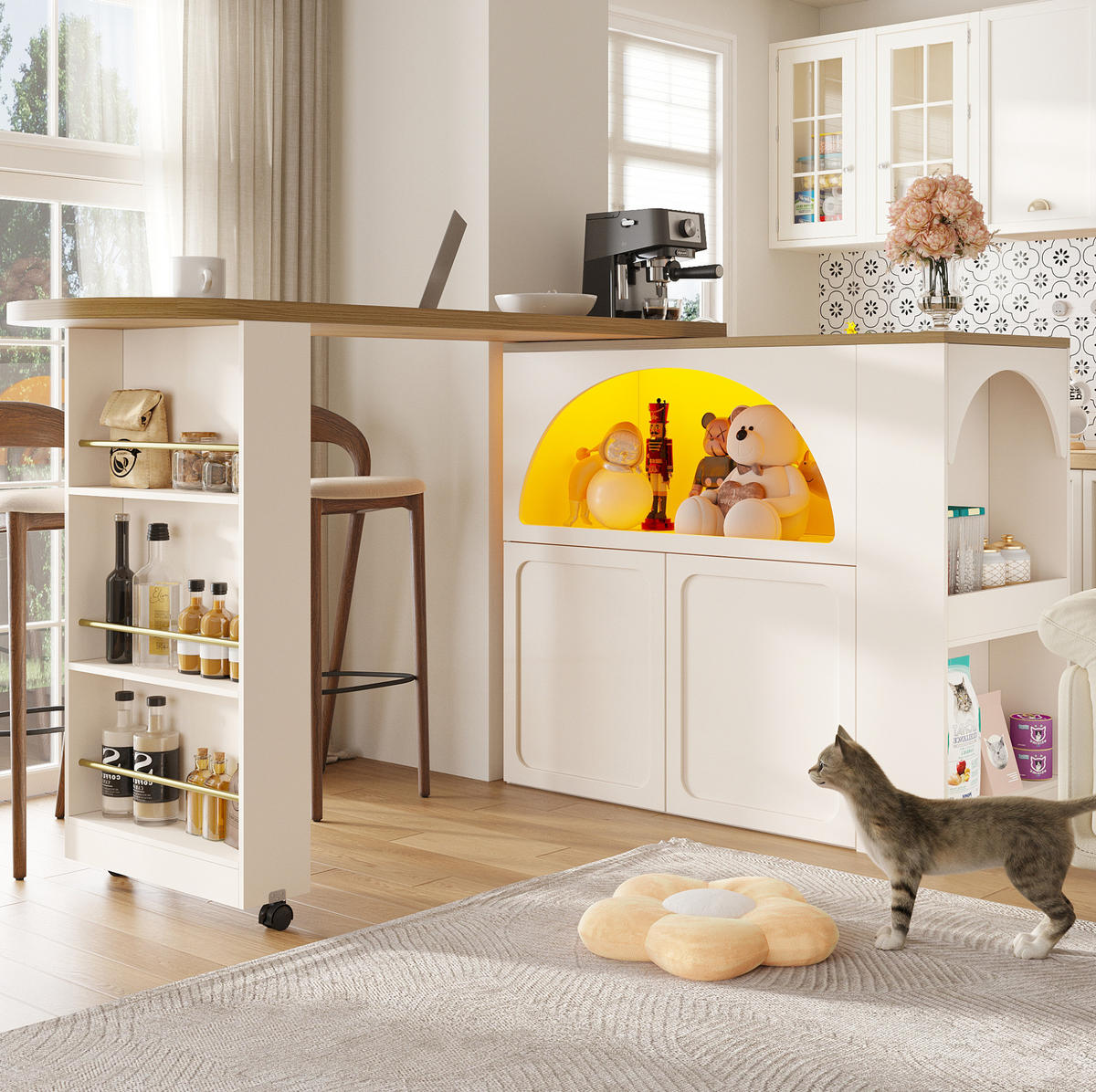 BAROVÝ stůl z MDF 135-205x39x100 cm bílý, rozkládací, pojízdný s LED, USB a úložným prostorem - bílá, kompozitní dřevo (205/100/39cm) - Modfu