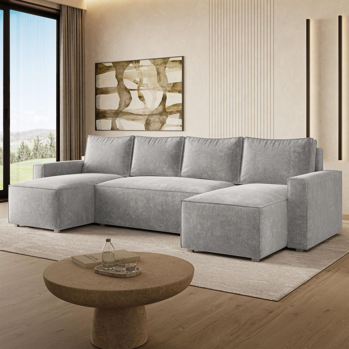 WOHNLANDSCHAFT ASPRA LM Grau Chenille mit Schlaffunktion - Grau, Holz (295/85/140cm) - MASSENO