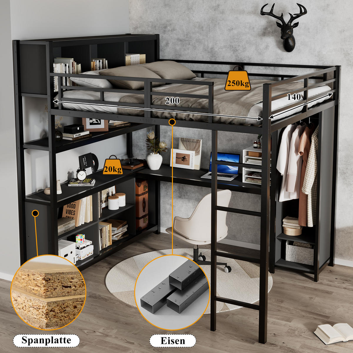 HOCHBETT 140/200 cm mit Schreibtisch, doppeltem Stauraum, Kleiderschrank und 4-stufiger Leiter, Schwarz - Schwarz, Metall (90/200cm) - Redom