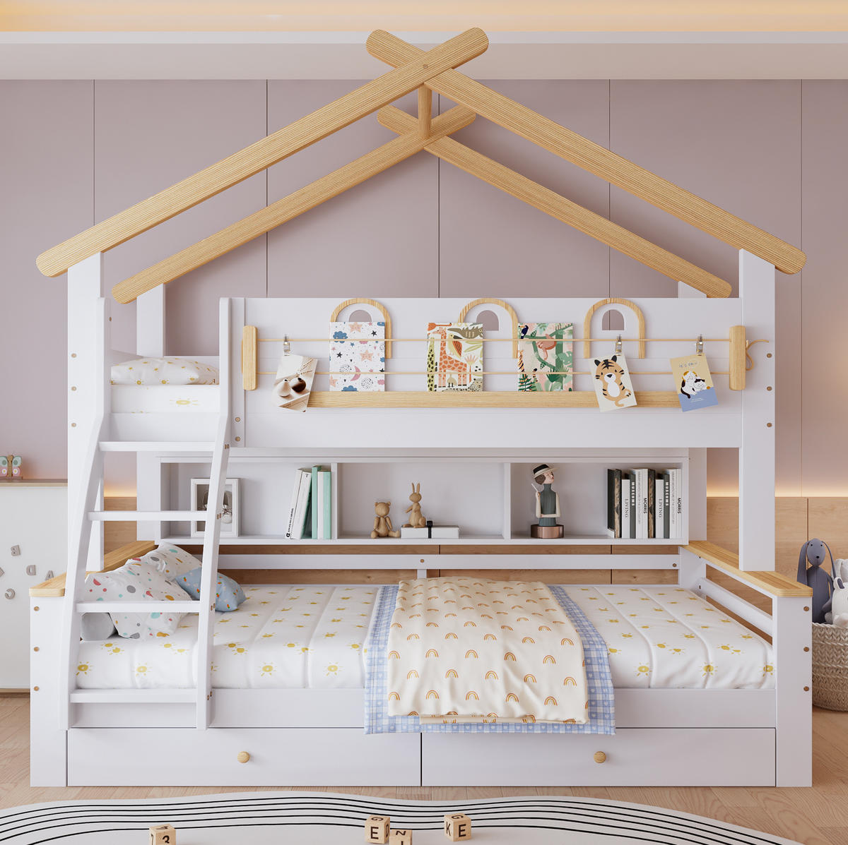ETAGENBETT Kinderetagenbett 90/200 cm & 120/200 cm Weiß Natur mit Schubladen ohne Matratze - Weiß, Holz (90/200cm) - MIVRAY