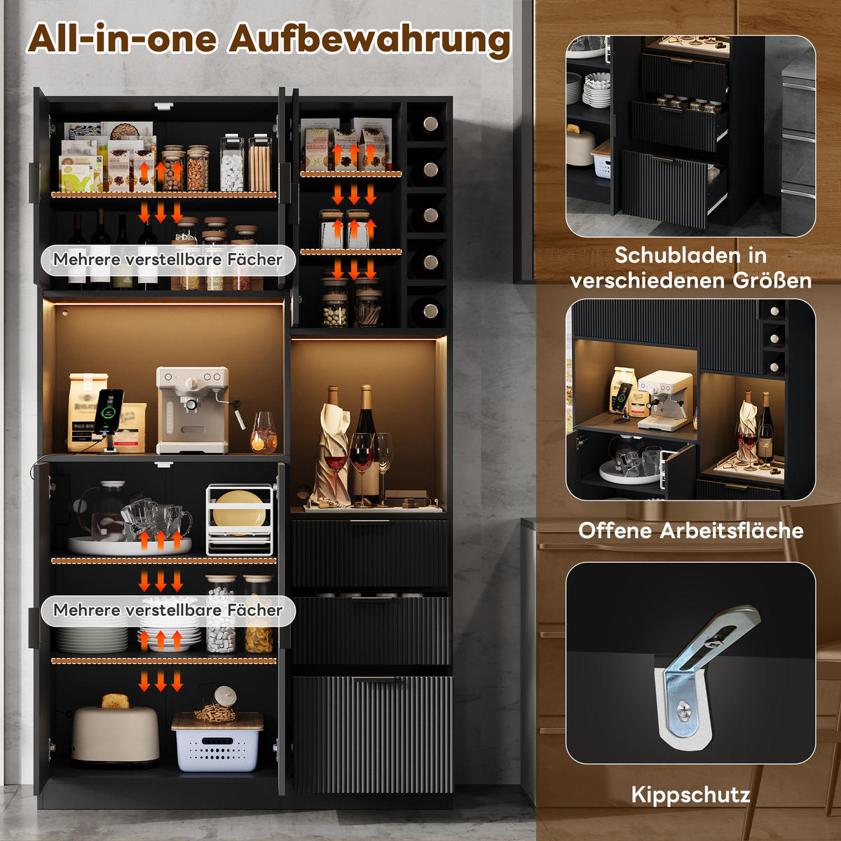 BUFFET 105/40/180 cm Schwarz mit 3 Schubladen, Weinregal und farbwechselnder LED-Beleuchtung - Schwarz, Holz (105/180/40cm) - Oxeza