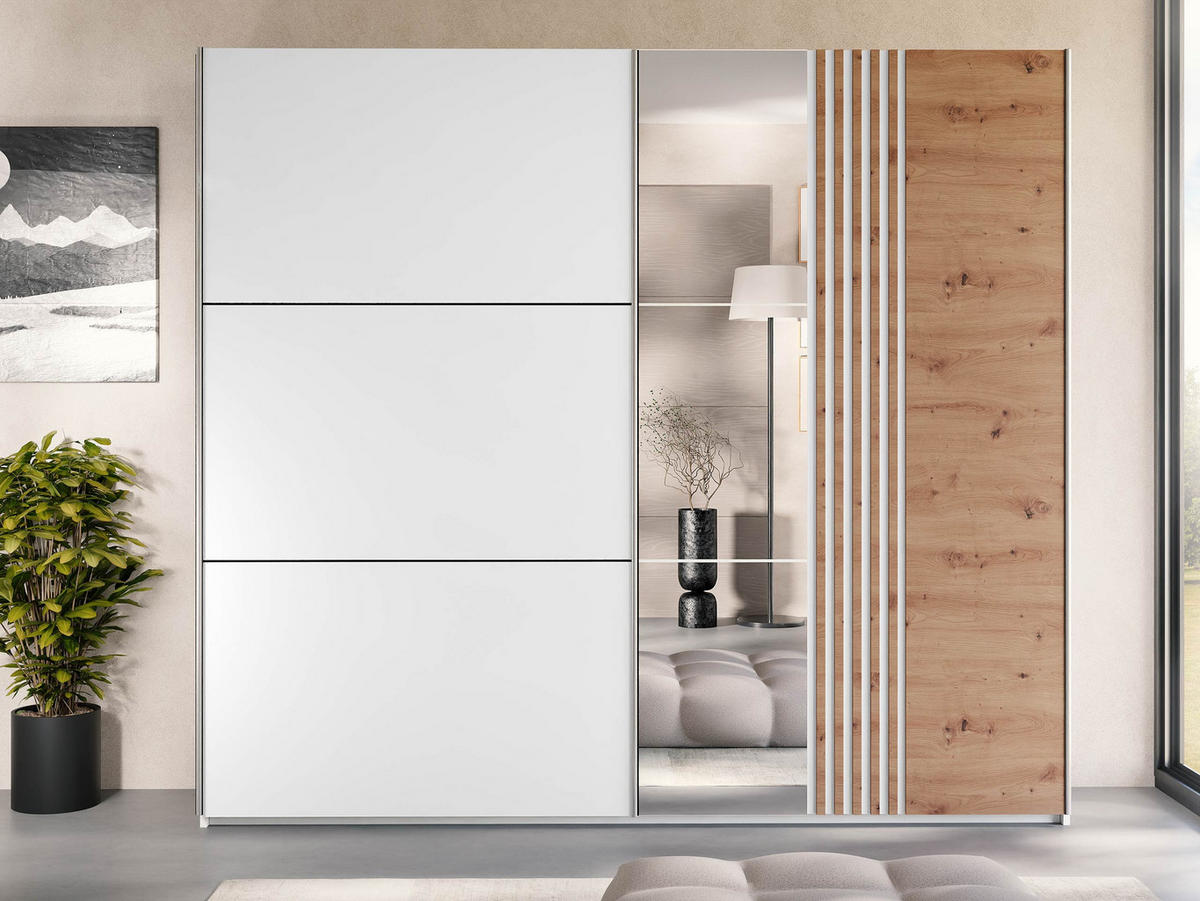 SCHIEBETÜRENSCHRANK Sinatra 250 - Silberfarben/Eiche Wotan, Holzwerkstoff/Metall (250/215/65cm) - MIRJAN24