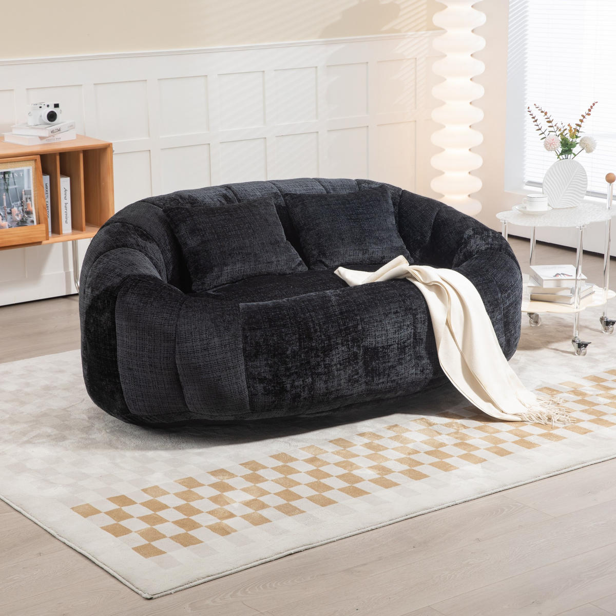 SITZSACK Chenille, Sofa mit 3 extra Kopfkissen,Schwarz - Schwarz, Textil (145/63/95cm) - LVHOM