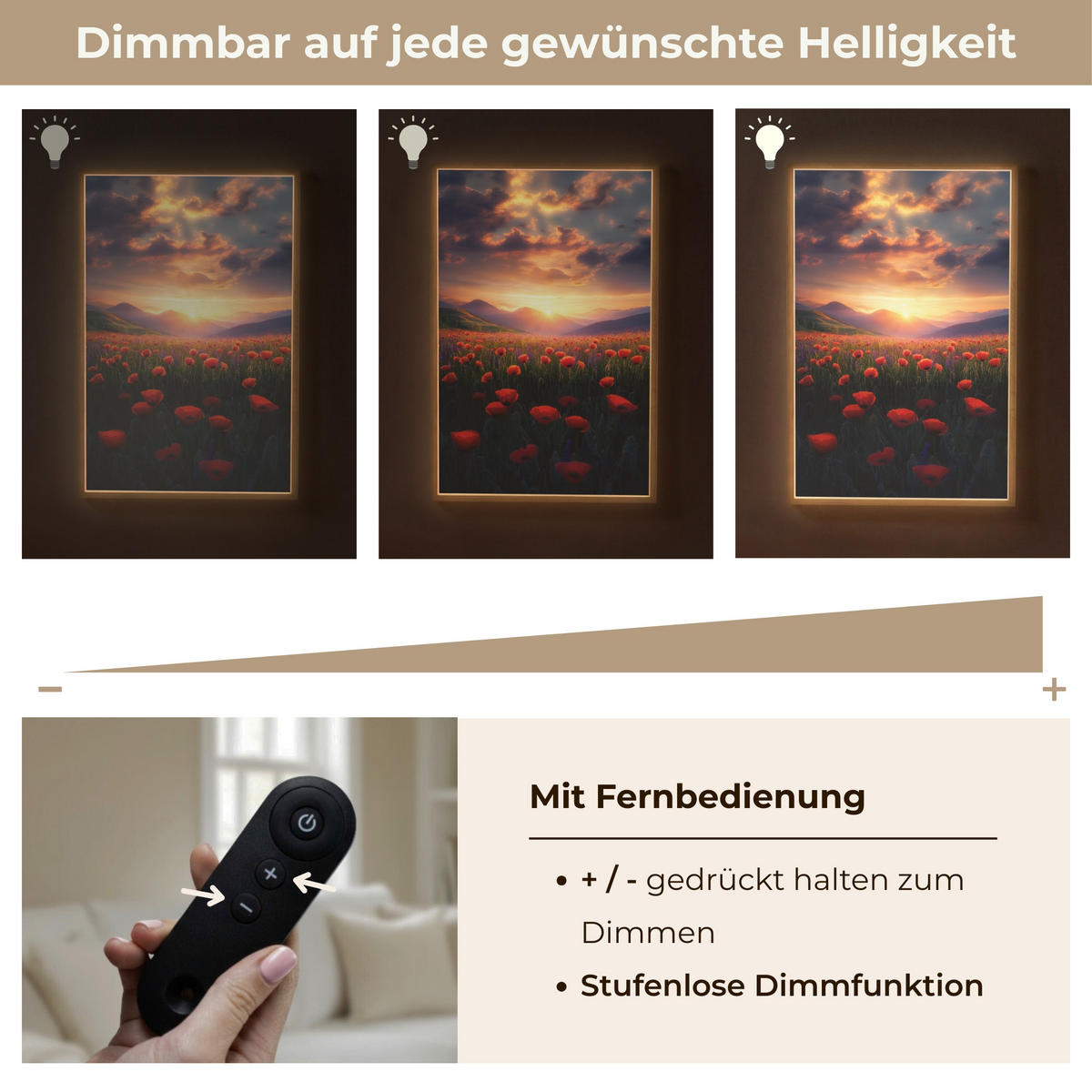 WANDLEUCHTE MIT AKKU Landschaft - Sonnenuntergang - Blumenfeld 70x100 cm - Rot, Holzwerkstoff (70/100/8cm) - OnlyWow