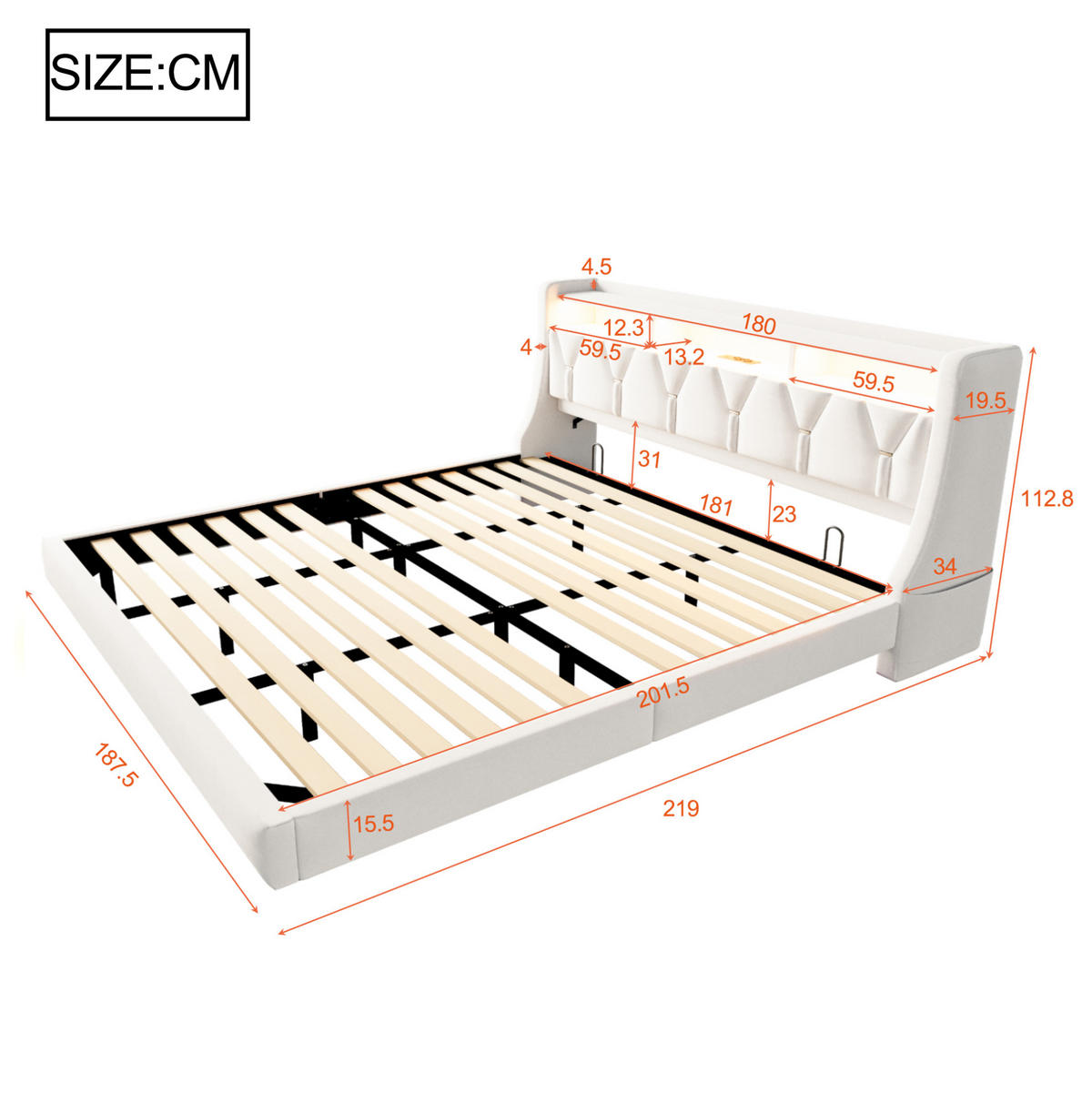 POLSTERBETT 180/200 cm mit klappbarem Kopfteil, LED, USB- und Typ-C-Anschluss, Stauraum, Samt, Beige - Beige, Textil (180/200cm) - Redom