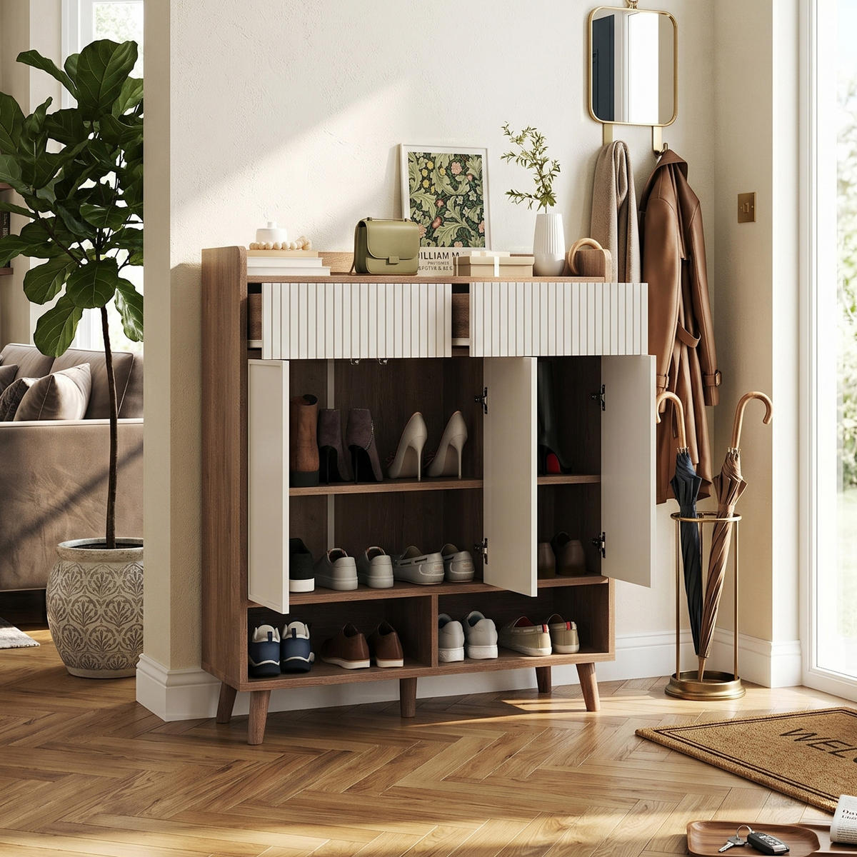 SCHUHSCHRANK in Weiß und Holzoptik, 3 Türen und 2 Schubladen mit Rillendesign - Naturfarben, Holzwerkstoff (90/100/35cm) - Urban Meuble