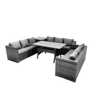 GARTENMÖBEL SET mit Beistelltisch,Esstisch Polyrattan 9-Sitzer - Dunkelgrau/Grau, Glas/Kunststoff - Fimous