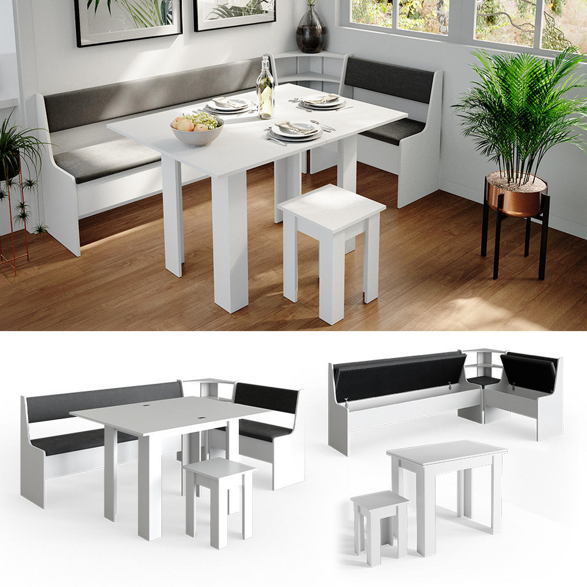 ECKBANKGRUPPE Roman Weiß 210 x 41.5 cm mit Tisch - Anthrazit/Weiß, Holzwerkstoff (210/80/120cm) - Vicco