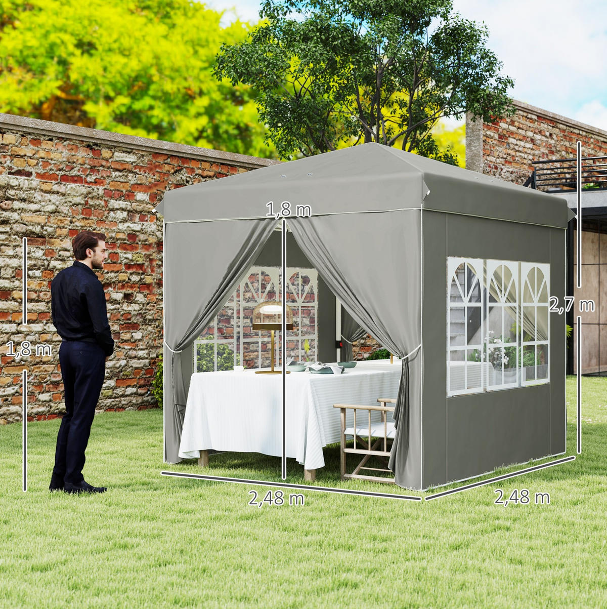 PAVILLON 248/248/270 cm faltbar mit Pop-up-Mechanismus, UV-Schutz und höhenverstellbarem Gestell, Hellgrau - Hellgrau, Textil (248/270/248cm) - Redom