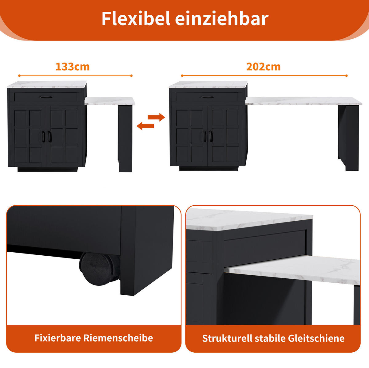 AUSZIEHBARER Bartisch aus MDF mit Stauraum, 133-202/70/93,5 cm, Schwarz - Schwarz, Holzwerkstoff (70/93.5/133cm) - Redom