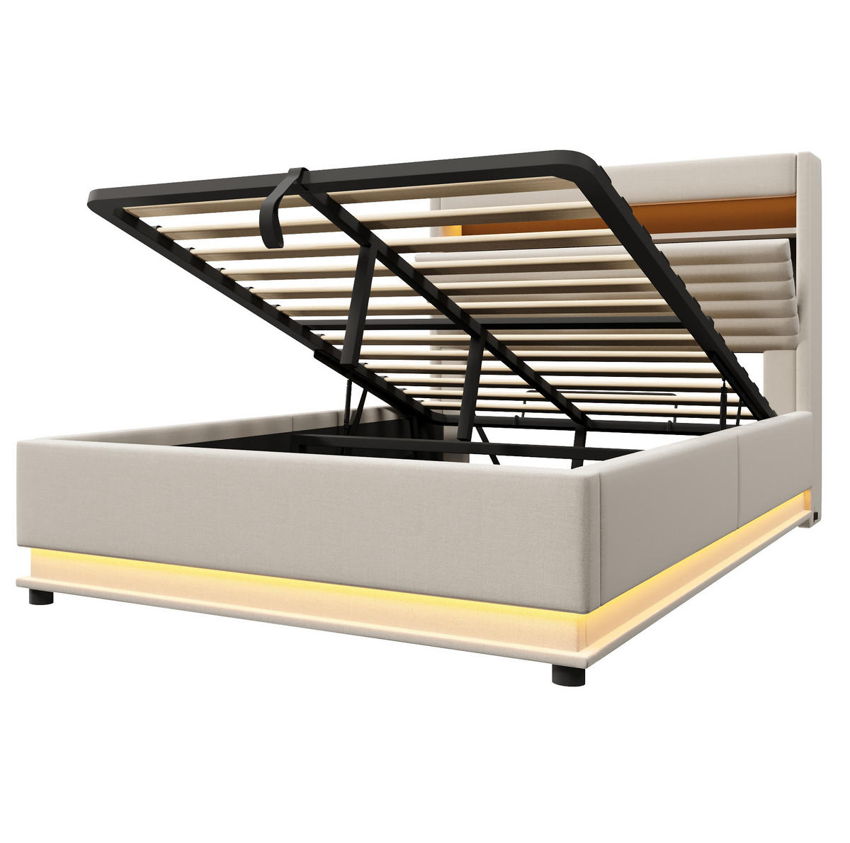 POLSTERBETT 140/200 cm Beige mit LED-Beleuchtung, USB- und Typ-C-Anschluss, hydraulischem Stauraum und Leinenbezug - Beige, Textil (140/200cm) - OKMYHOME