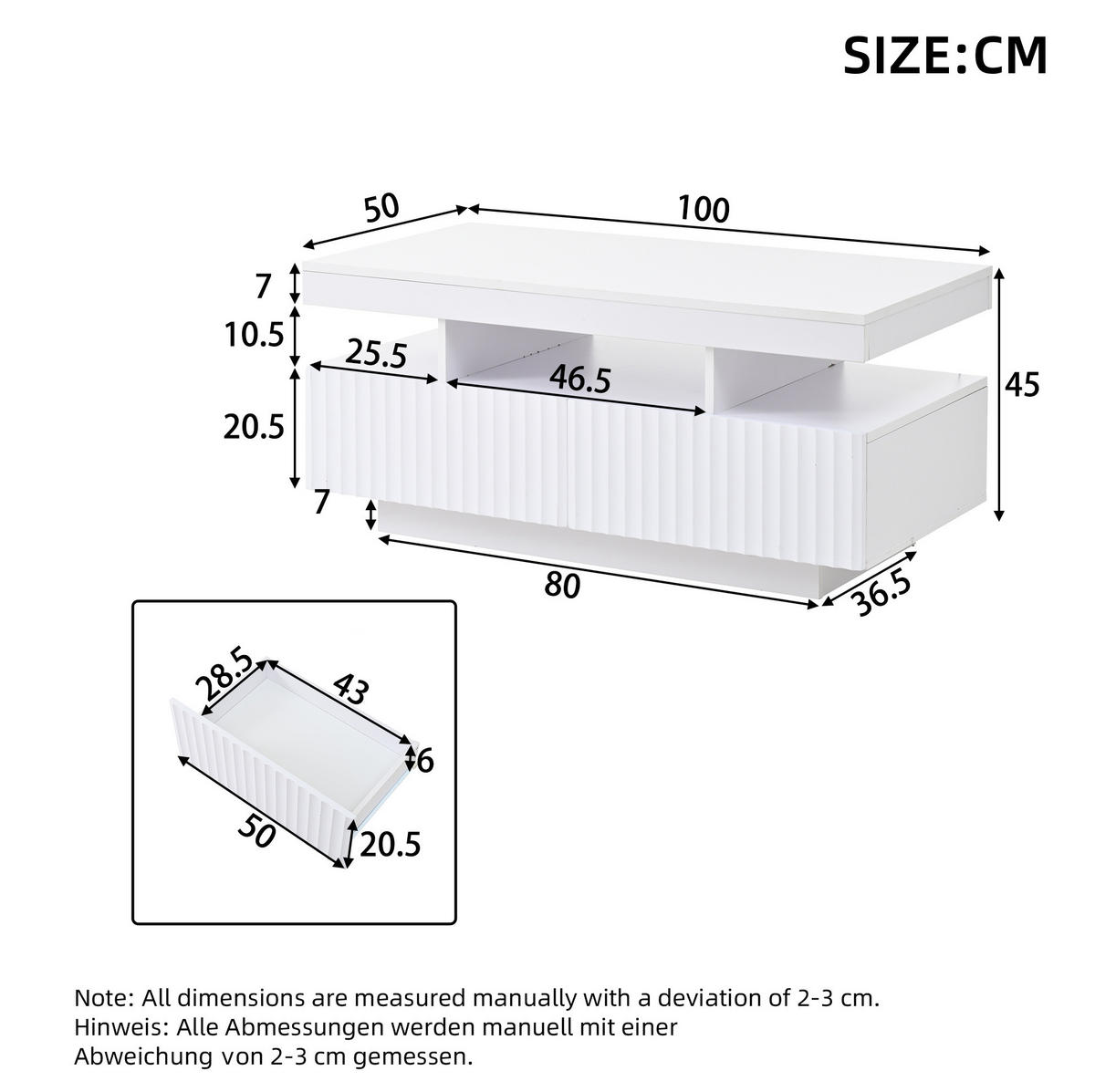 COUCHTISCH 100/50/45 cm in Weiß mit 2 Schubladen und LED-Beleuchtung - Weiß, Holzwerkstoff (100/50/45cm) - Flora Grace